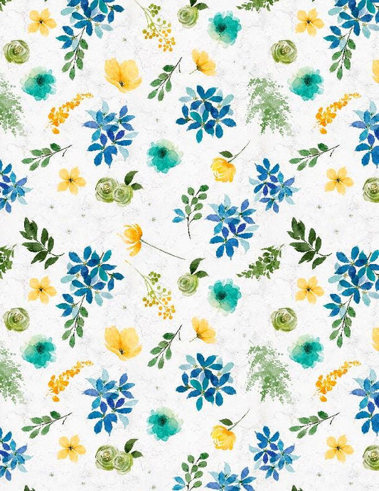 Floral Cotton Fabric: Navy, Yellow & Teal - Sunlit Serenade by Wilmington Prints