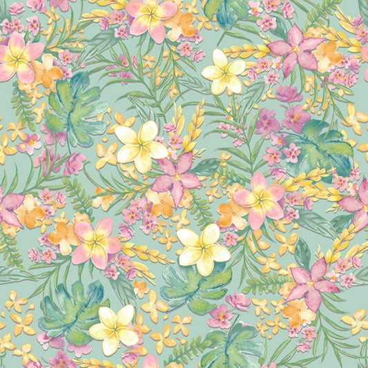 Stunning Tropical Floral Cotton Fabric  Studio E | Peach, Cream & Yellow Flowers on Green
