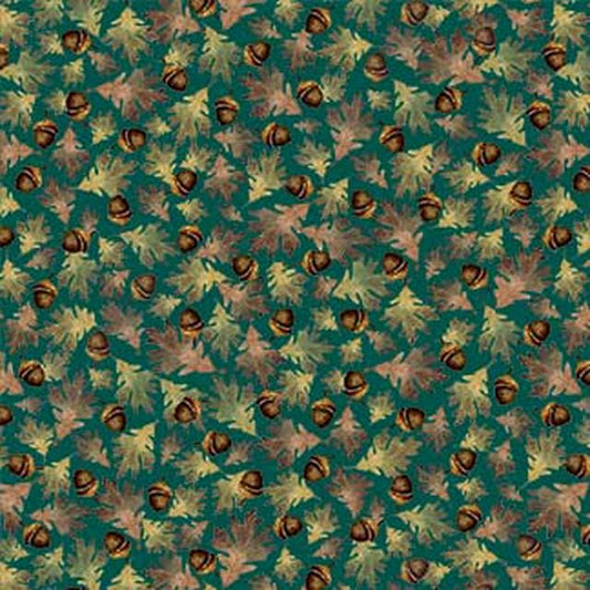 Woodland Leaves & Acorns Fabric by Michael Miller  Teal Nature-Themed Cotton with Acorns Leaves