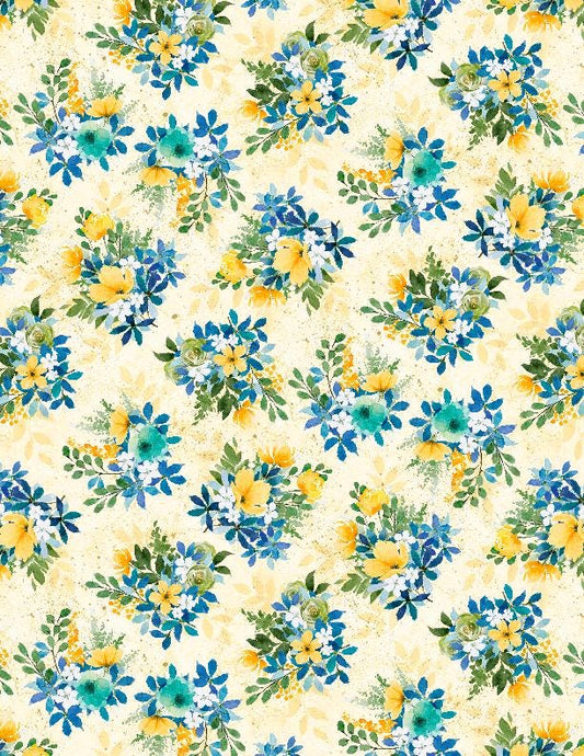 Floral Cotton Fabric: Navy, Yellow & Teal Bouquet Print