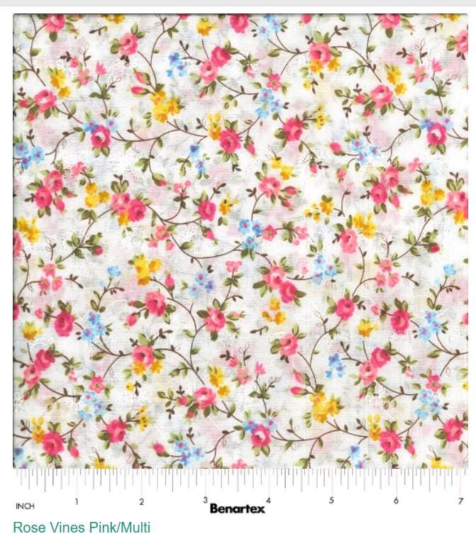 Romantic Roses Embroidered Eyelet Cotton Fabric  Benartex | Rose Vines Pink/Multi