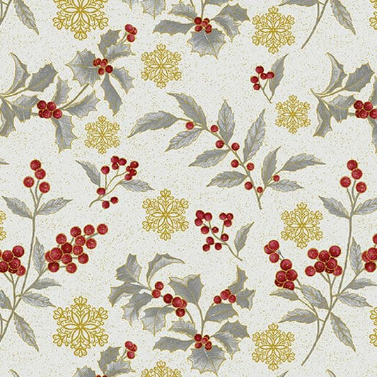 Festive Holly Toss Cotton Fabric: Grey Holiday Print with Gold
