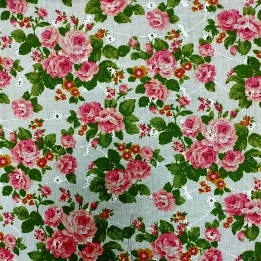 Romantic Roses Embroidered Eyelet Cotton Fabric  Benartex | Cabbage Rose Pink