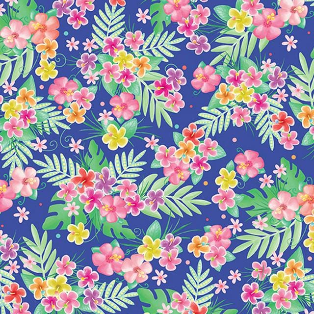 Tropical Floral Cotton Fabric: Pink & Yellow Flowers on Royal Blue