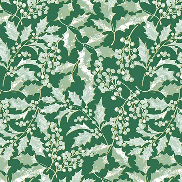 A Winters Day Winter Holly Fabric  Benartex | Metallic Holly Leaves on Green Cotton