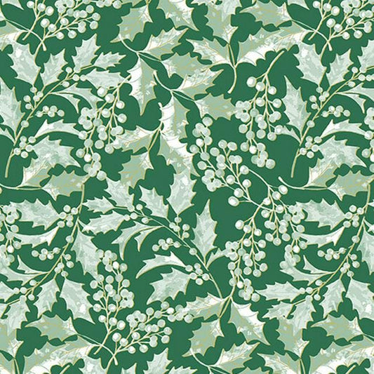 A Winters Day Winter Holly Fabric  Benartex | Metallic Holly Leaves on Green Cotton