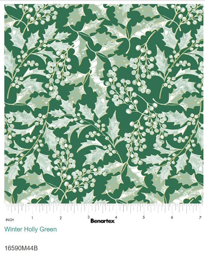 A Winters Day Winter Holly Fabric  Benartex | Metallic Holly Leaves on Green Cotton