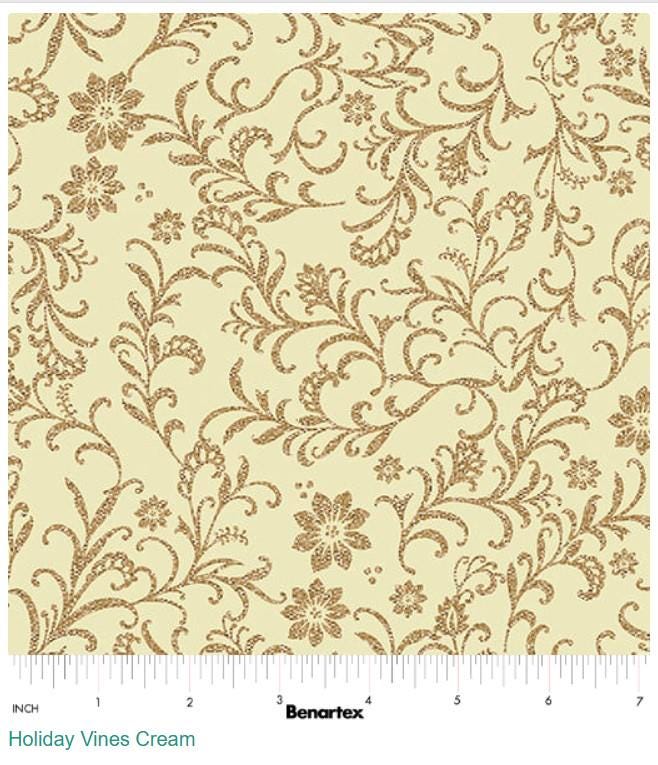 Holiday Tidings Holiday Vines Fabric  Benartex | Metallic Gold on Cream Cotton
