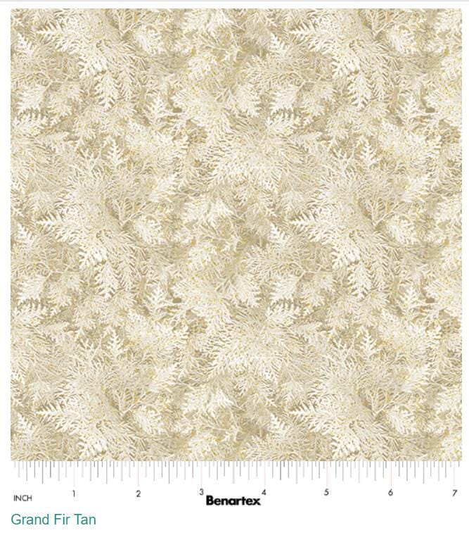 Grand Fir Fabric  A Winters Day by Benartex | Metallic Frosted Pine Branches on Tan Cotton