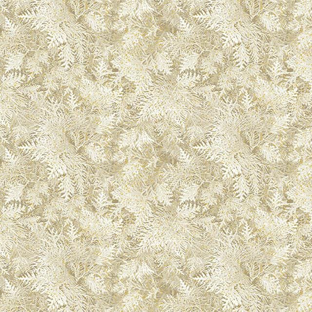 Grand Fir Fabric  A Winters Day by Benartex | Metallic Frosted Pine Branches on Tan Cotton