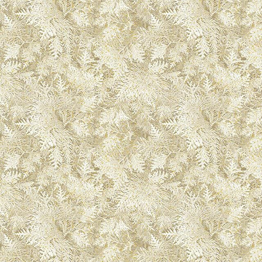 Grand Fir Fabric  A Winters Day by Benartex | Metallic Frosted Pine Branches on Tan Cotton