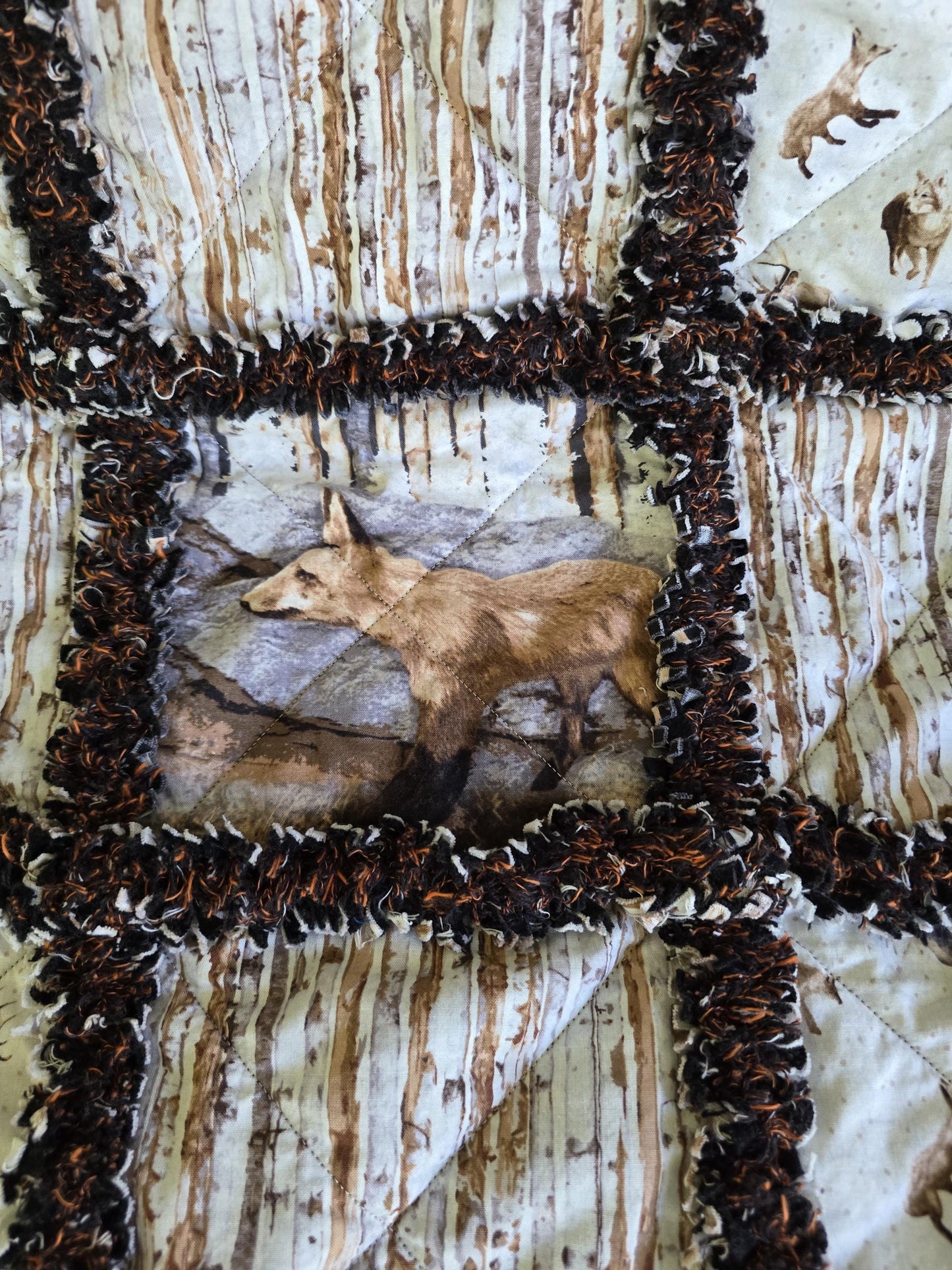 Woodland Whispers Rag Quilt Throw  Moose, Bear, Elk & Fox  Rustic Cabin Decor  Handmade Cotton Flannel Quilt  Cozy Lap Blanket 52"x67"