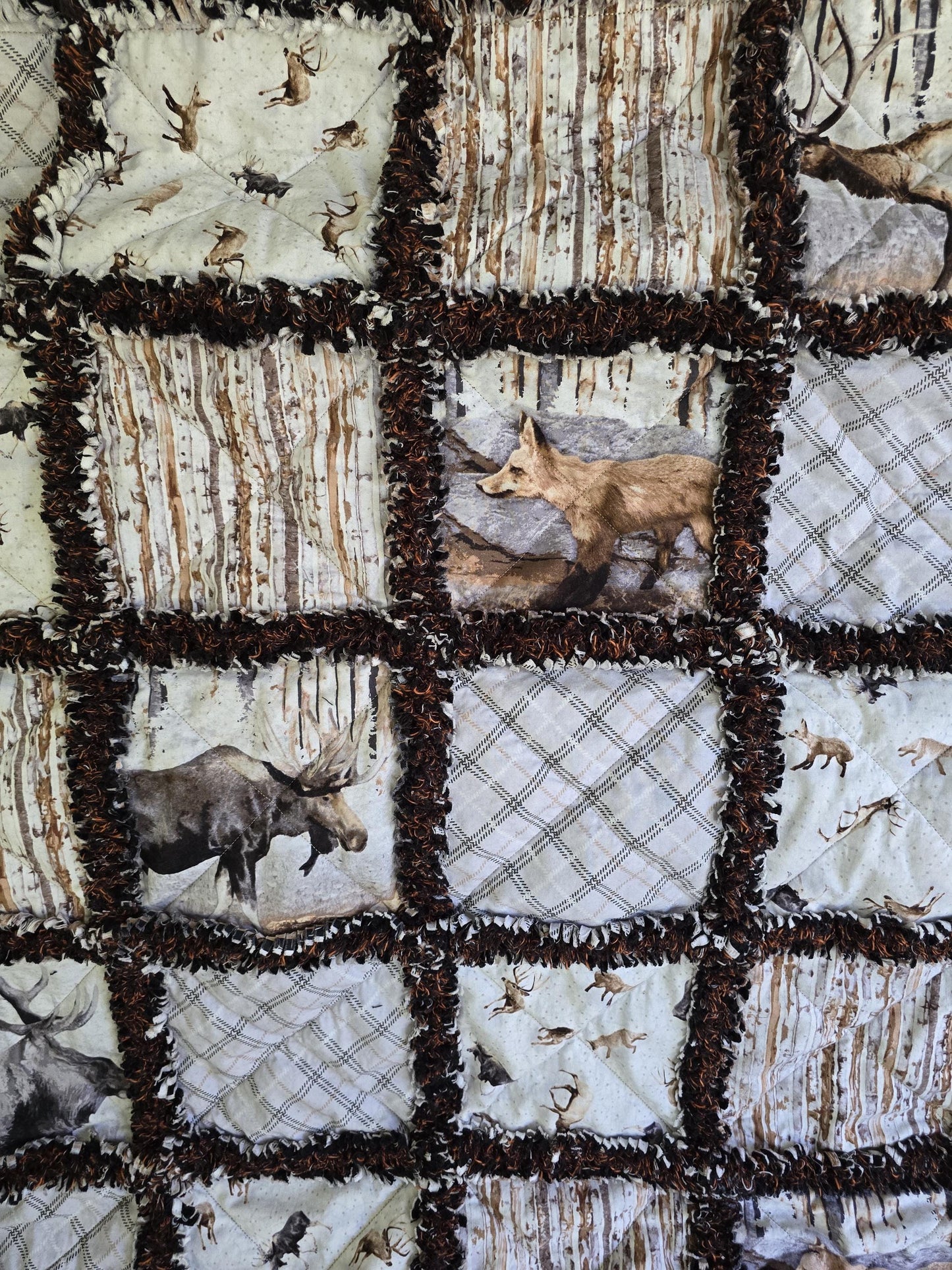Woodland Whispers Rag Quilt Throw  Moose, Bear, Elk & Fox  Rustic Cabin Decor  Handmade Cotton Flannel Quilt  Cozy Lap Blanket 52"x67"