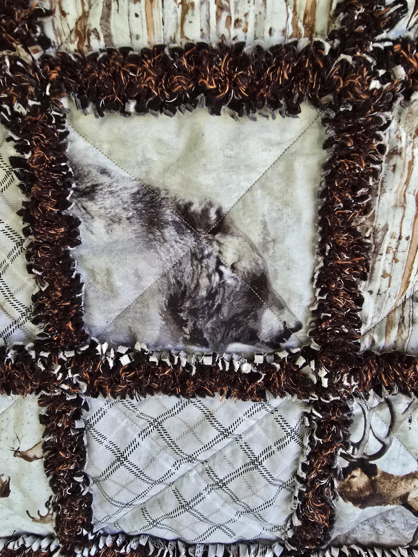 Woodland Whispers Rag Quilt Throw  Moose, Bear, Elk & Fox  Rustic Cabin Decor  Handmade Cotton Flannel Quilt  Cozy Lap Blanket 52"x67"