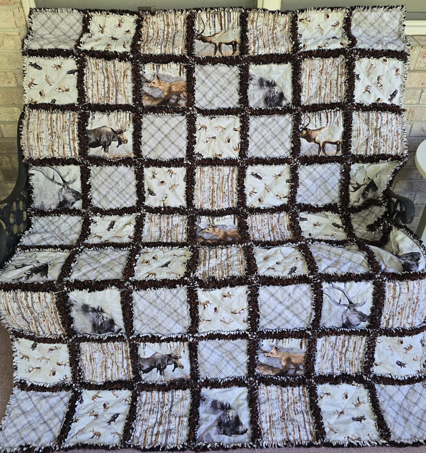 Woodland Whispers Rag Quilt Throw  Moose, Bear, Elk & Fox  Rustic Cabin Decor  Handmade Cotton Flannel Quilt  Cozy Lap Blanket 52"x67"