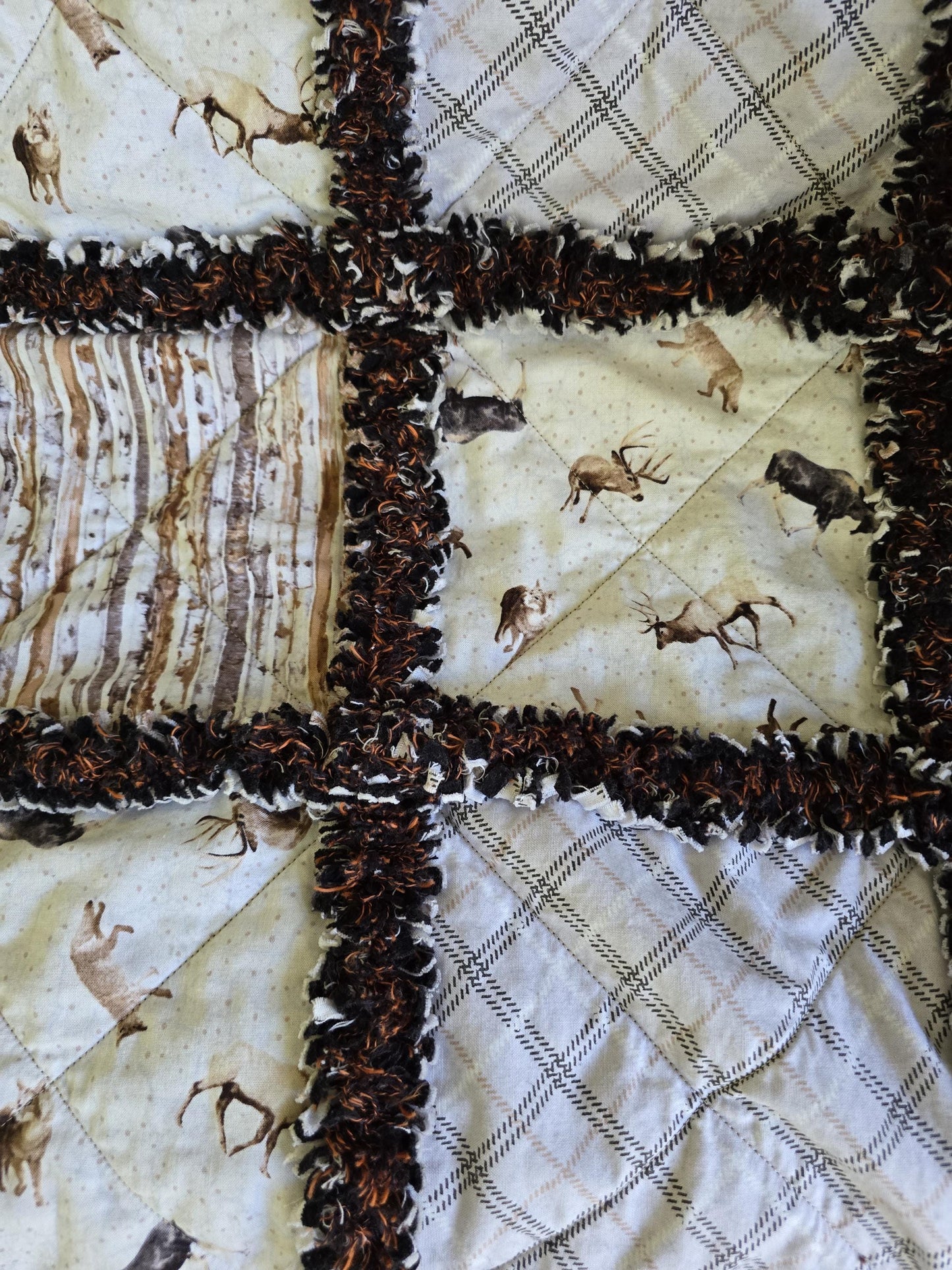 Woodland Whispers Rag Quilt Throw  Moose, Bear, Elk & Fox  Rustic Cabin Decor  Handmade Cotton Flannel Quilt  Cozy Lap Blanket 52"x67"