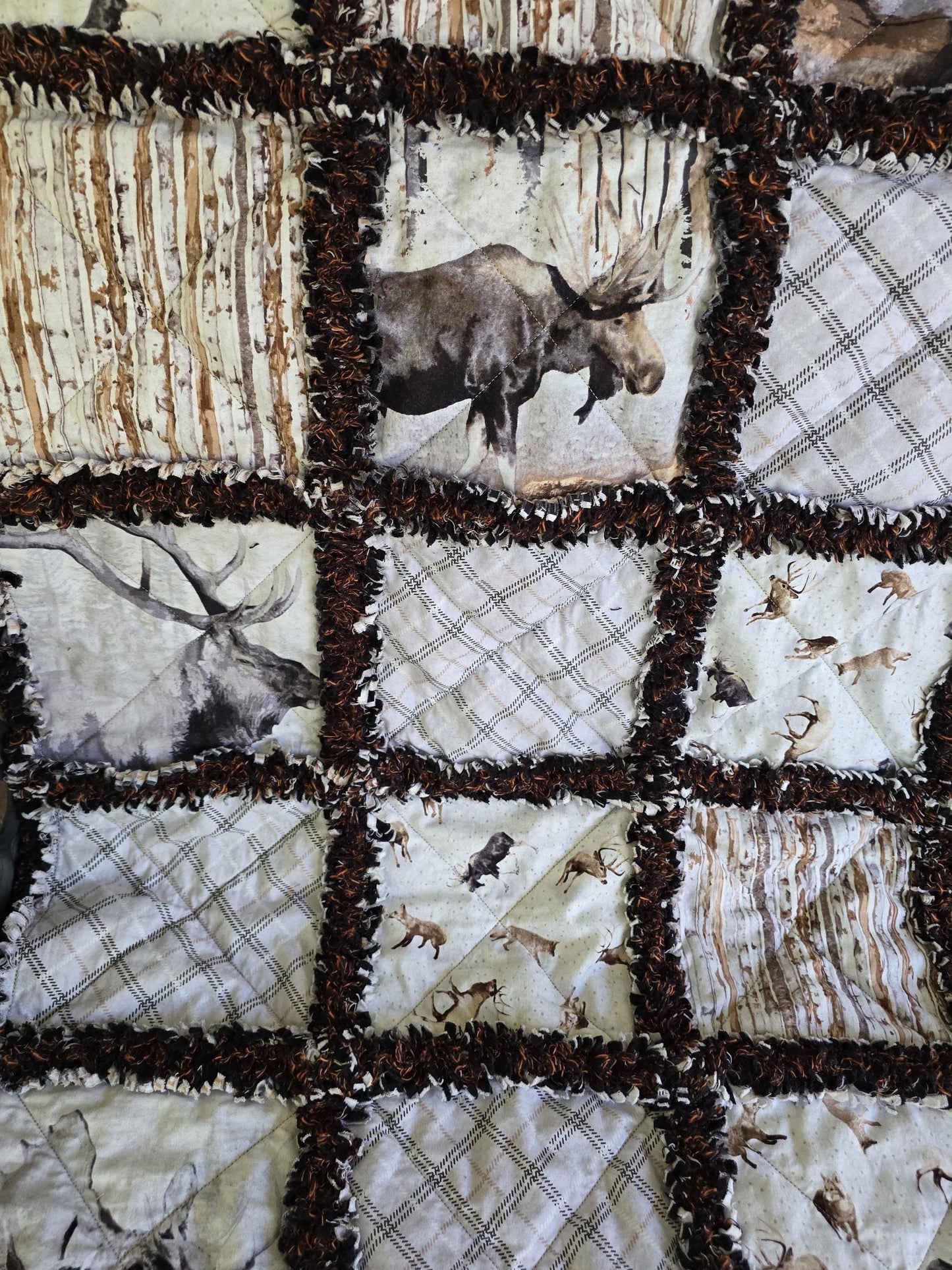 Woodland Whispers Rag Quilt Throw  Moose, Bear, Elk & Fox  Rustic Cabin Decor  Handmade Cotton Flannel Quilt  Cozy Lap Blanket 52"x67"