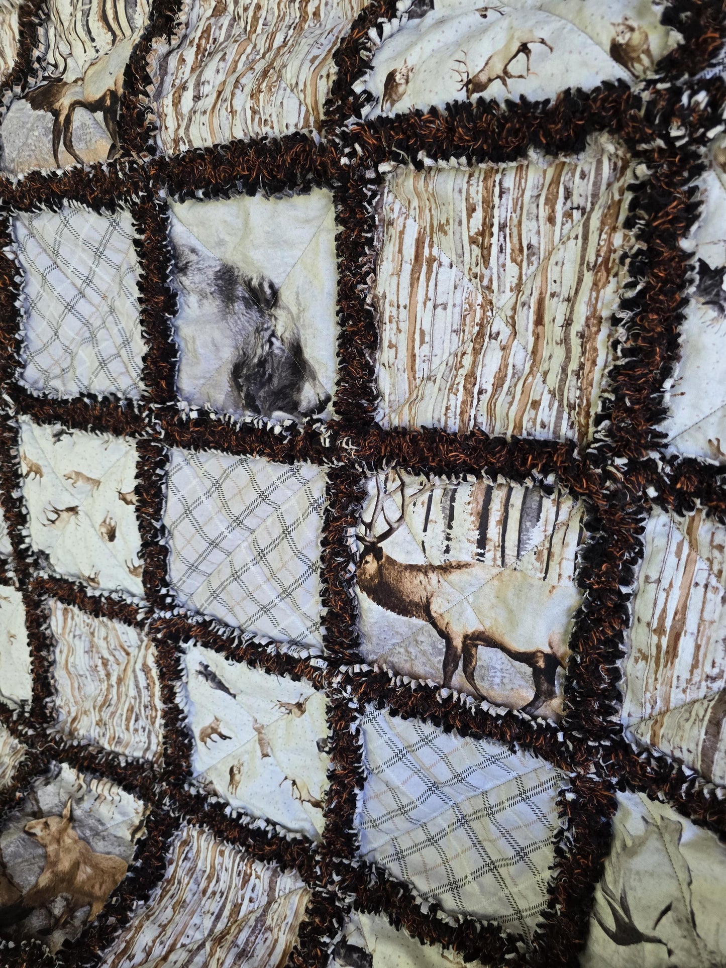 Woodland Whispers Rag Quilt Throw  Moose, Bear, Elk & Fox  Rustic Cabin Decor  Handmade Cotton Flannel Quilt  Cozy Lap Blanket 52"x67"