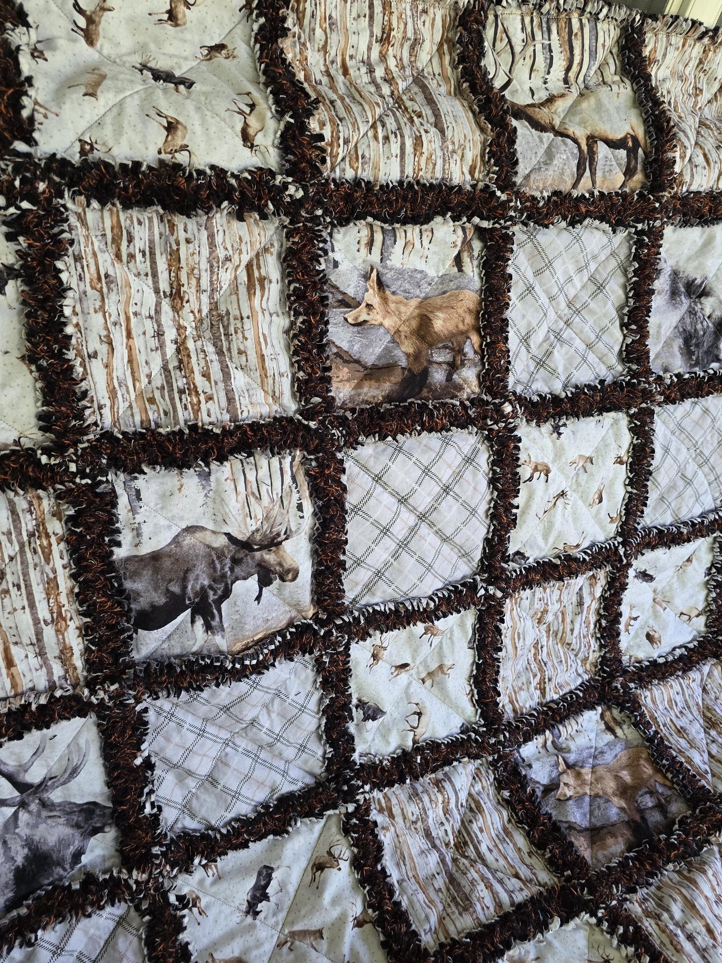 Woodland Whispers Rag Quilt Throw  Moose, Bear, Elk & Fox  Rustic Cabin Decor  Handmade Cotton Flannel Quilt  Cozy Lap Blanket 52"x67"