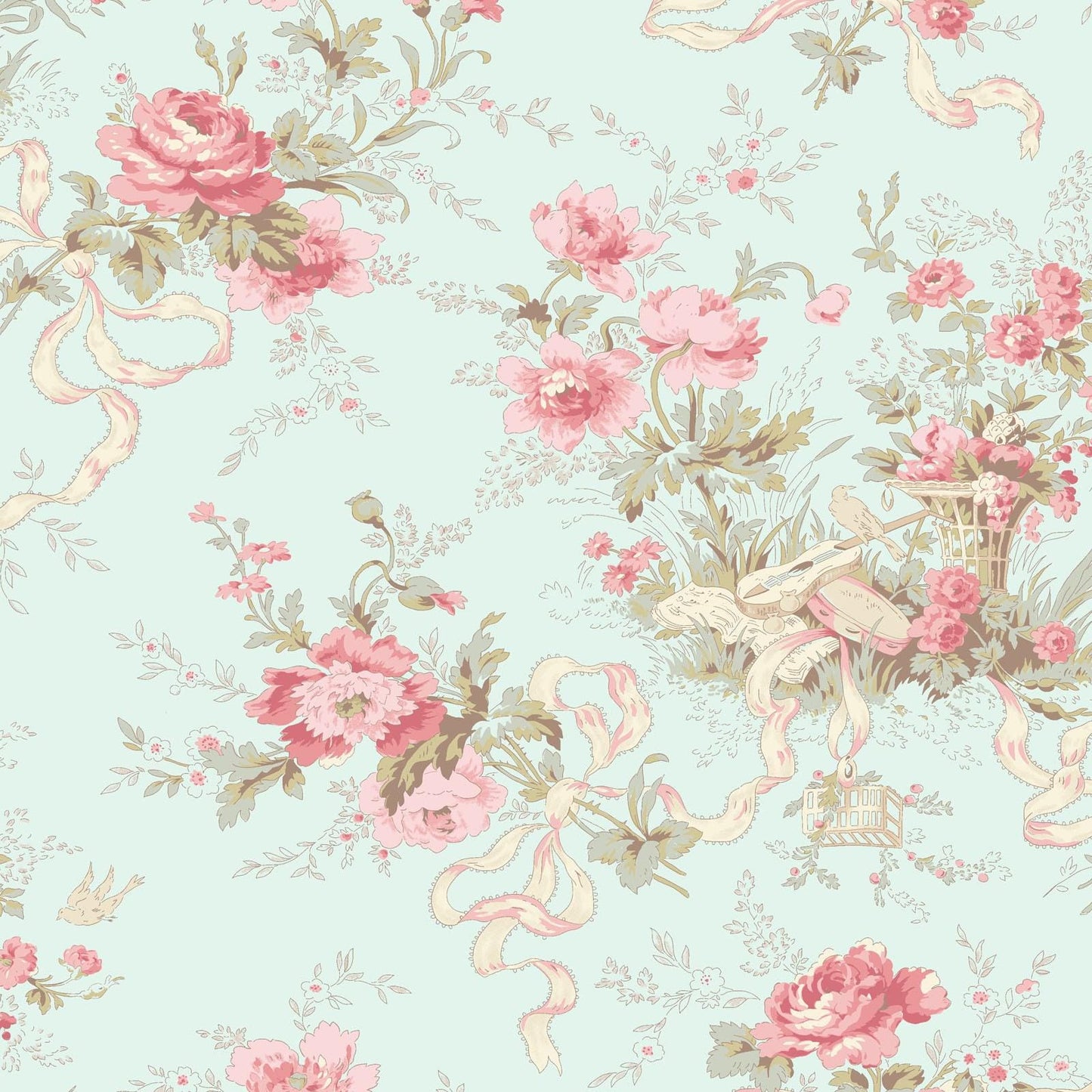 Charlotte Cottage Floral Fabric by Clothworks  Pink Bouquets on Light Turquoise | 100% Cotton Quilt Fabric | 43/44 Wide