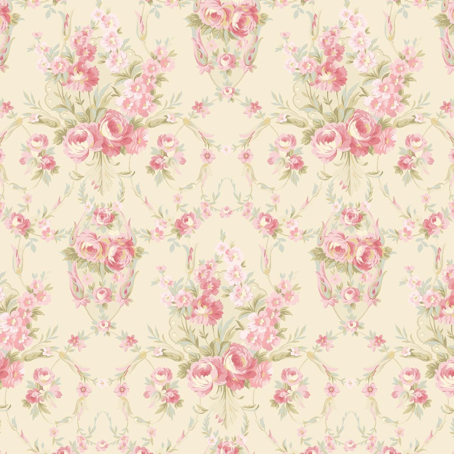 Charlotte Damask Fabric by Clothworks  Pink Floral Bouquet on Cream | 100% Cotton Quilt Fabric | 43/44 Wide