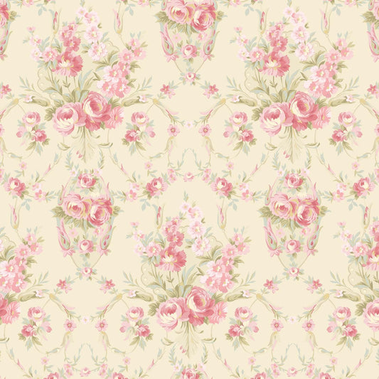 Charlotte Damask Fabric by Clothworks  Pink Floral Bouquet on Cream | 100% Cotton Quilt Fabric | 43/44 Wide