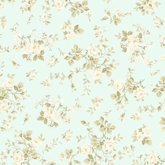 Charlotte Rose Bunches Fabric by Clothworks  Off White Roses on Light Turquoise | 100% Cotton Quilt Fabric